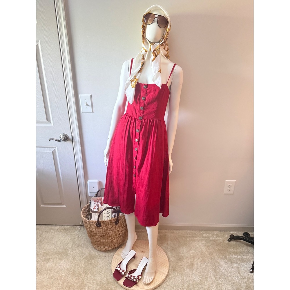 Reformation Red Linen Button Front Midi Dress Pockets Tomato Girl Cottagecore 6